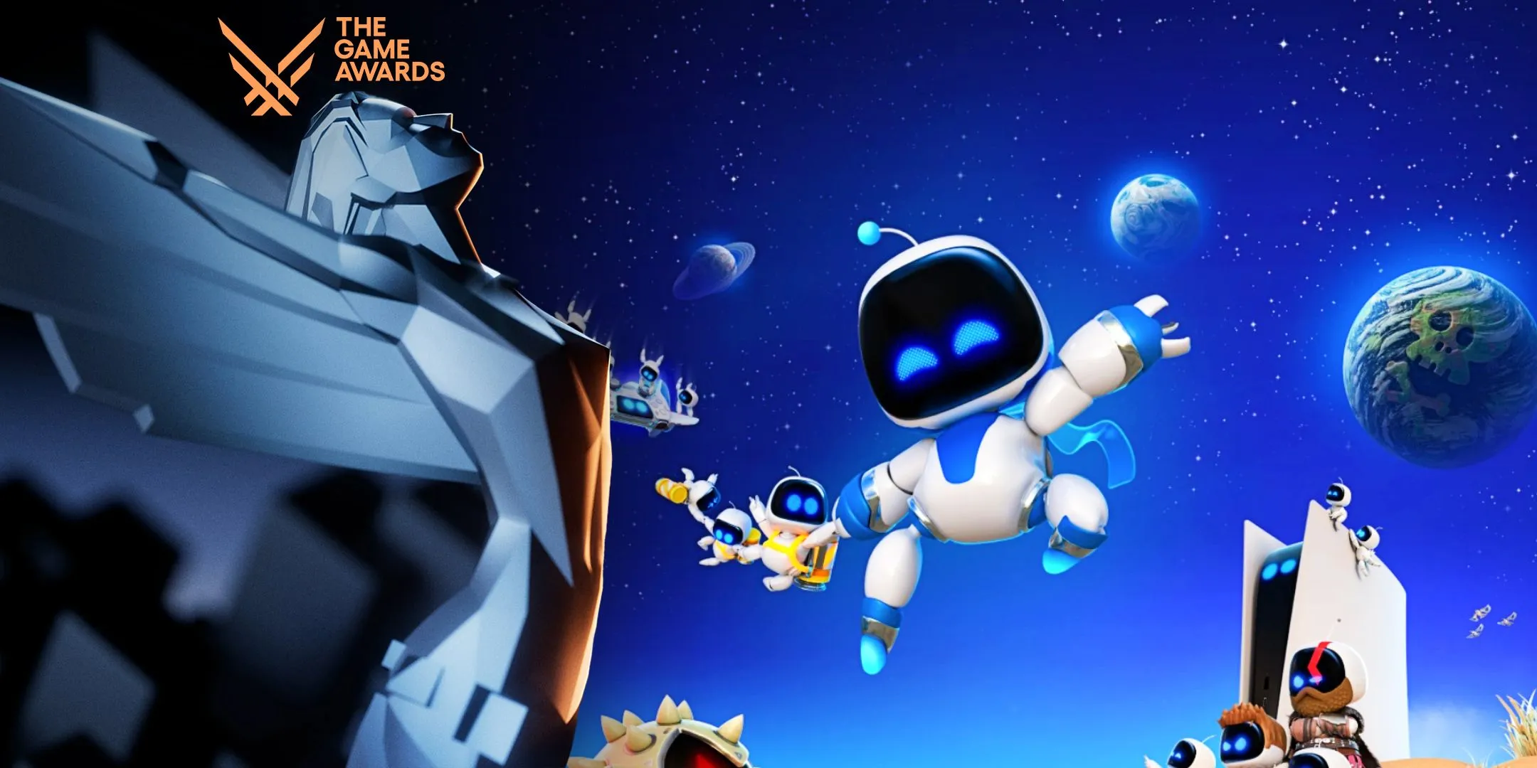 Astro Bot lecący triumfalnie przez kosmos obok trofeum w kształcie anioła z The Game Awards.