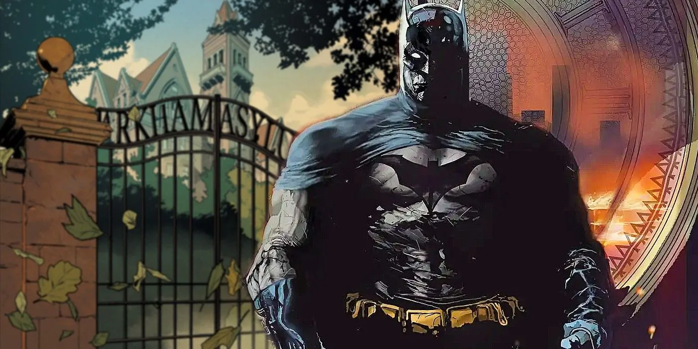 Collagenbild aus Comic-Kunst: Batman mit grimmiger Miene und eine Außenaufnahme der Tore von Arkham Asylum.