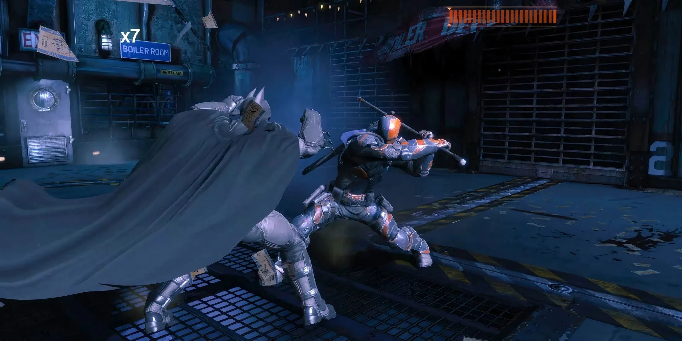 Deathstroke atakuje Batmana swoją laską w Batman Arkham Origins