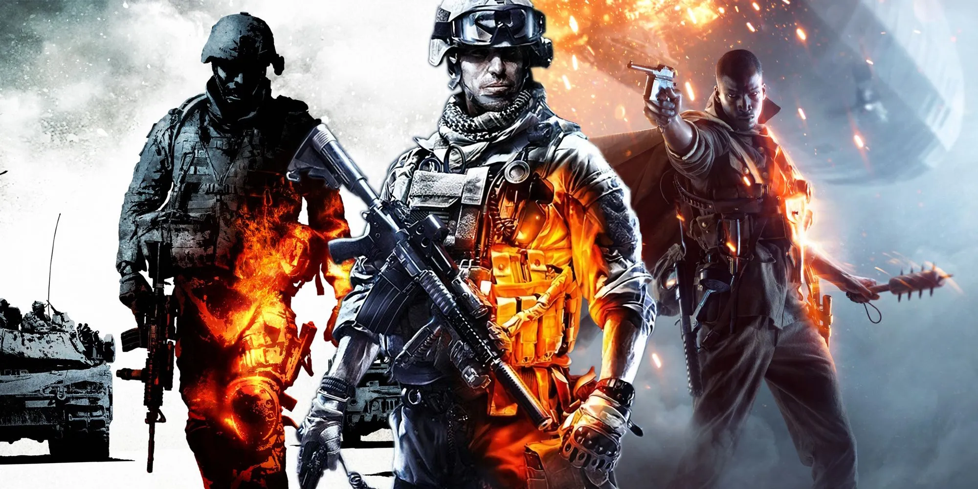 Okładki gier Battlefield: Bad Company 2 i Battlefield 1 na tle żołnierza z Battlefield 3.