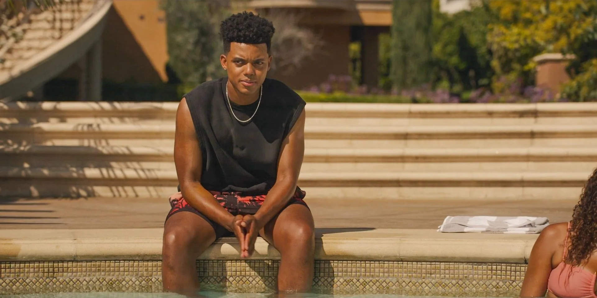 Will (Jabari Banks) thoughtful at the pool in Bel-Air Season 3 Episode 7