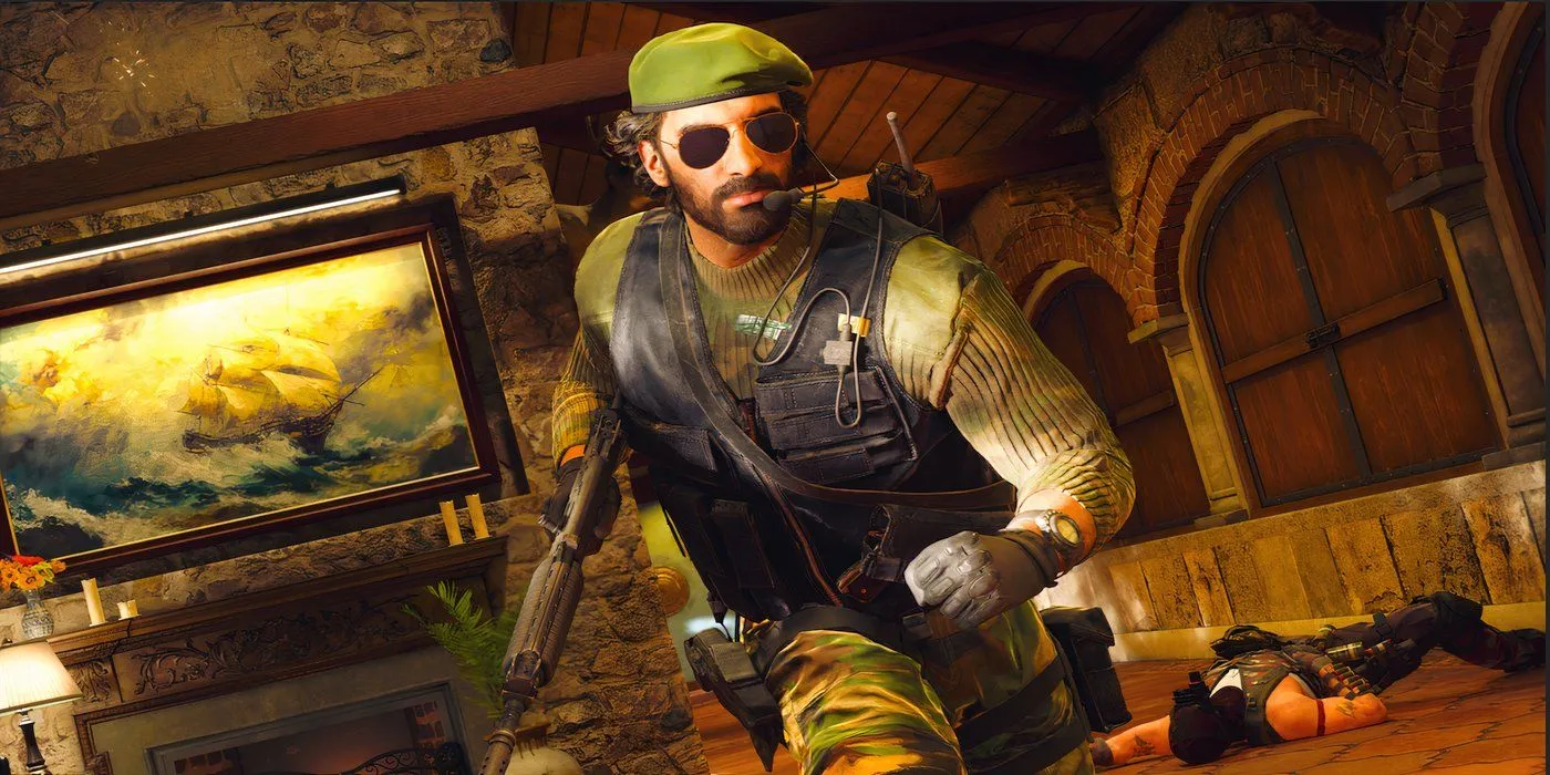 Operatore di Black Ops 6 impegnato in combattimento sulla mappa Hacienda.