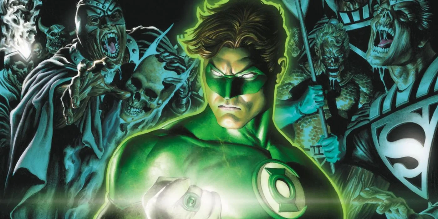 Illustrazione di un fumetto: la Lanterna Verde Hal Jordan di fronte alle versioni zombie della Justice League.