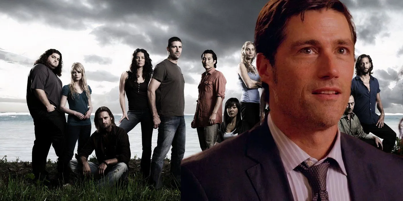 Image fusionnée de Jack (Matthew Fox) sur une photo du casting de Lost posant sur l'île