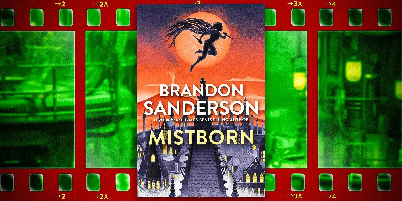 Portada del libro Mistborn con un fondo de carrete de película