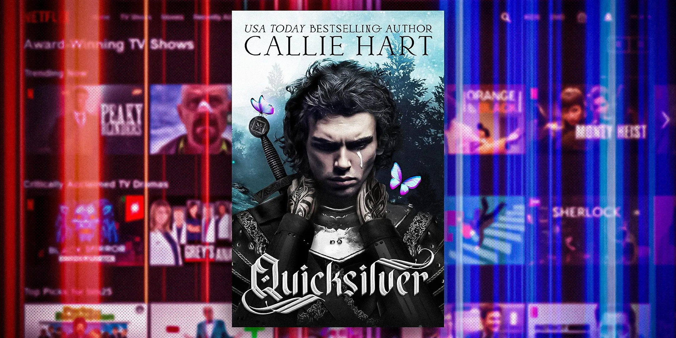 Netflix のホーム画面と赤と青の陰影を背景にした Callie Hart の Quicksilver の表紙