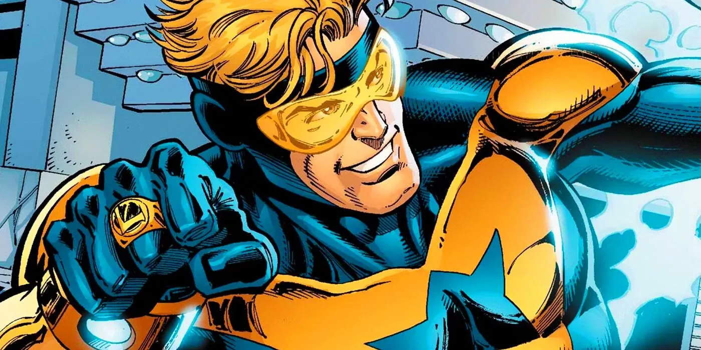 Arte dei fumetti: Booster Gold indossa il suo costume oro e blu nei fumetti DC