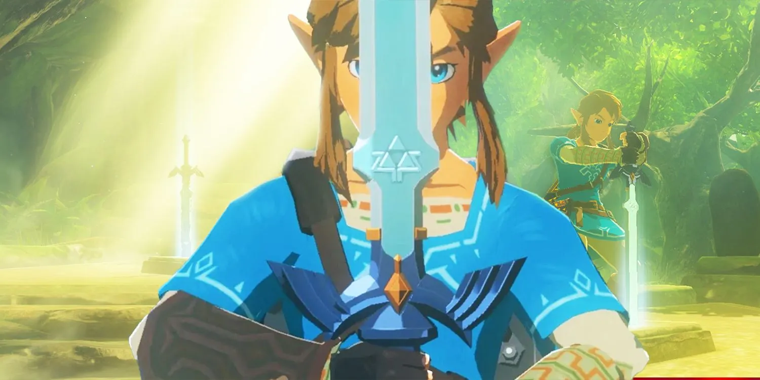 Breath of the Wild’s Link holds the Master Sword in Korok Forest