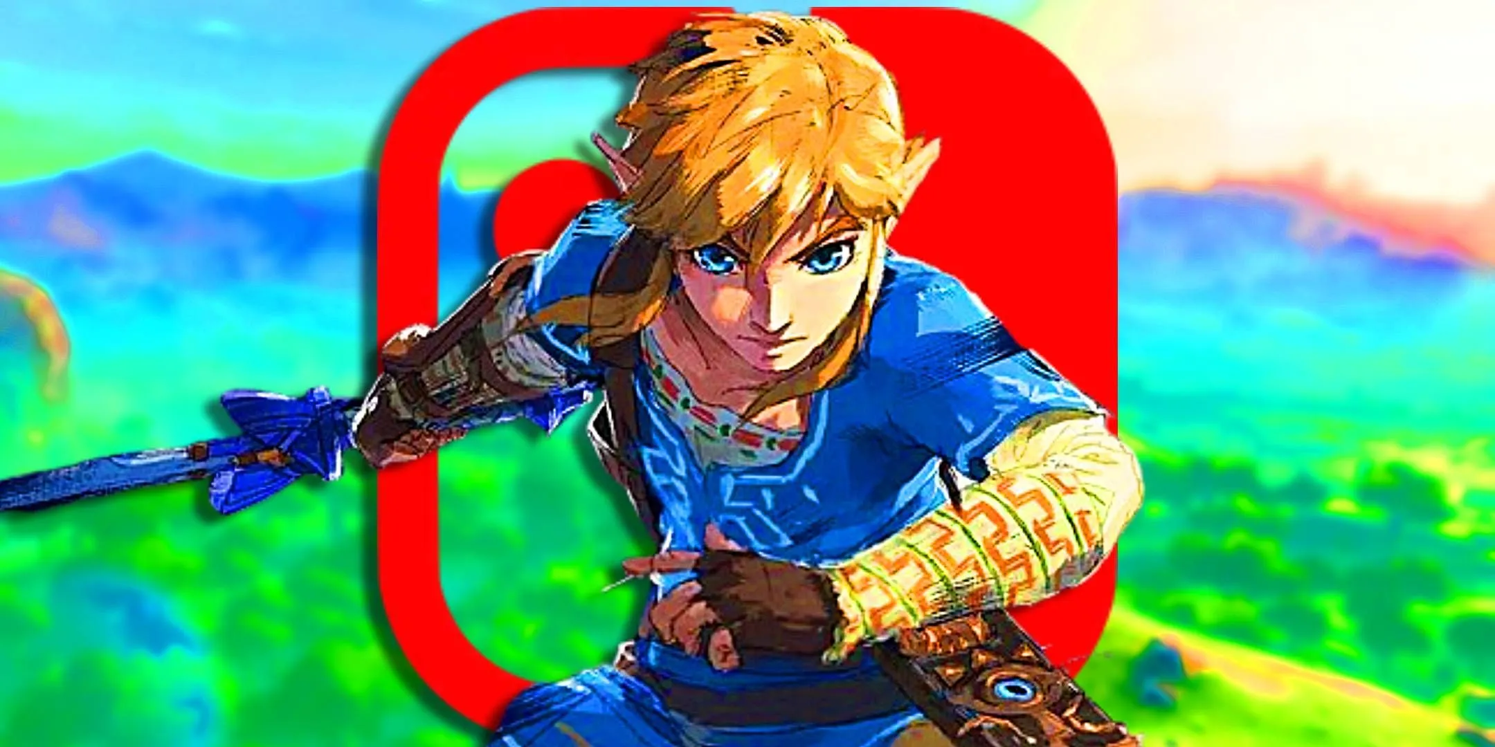 Concept art of Link from BOTW in front of the Nintendo Switch logo.