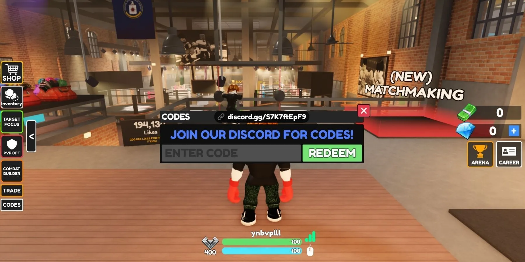 Roblox Boxing Beta : le bouton Codes