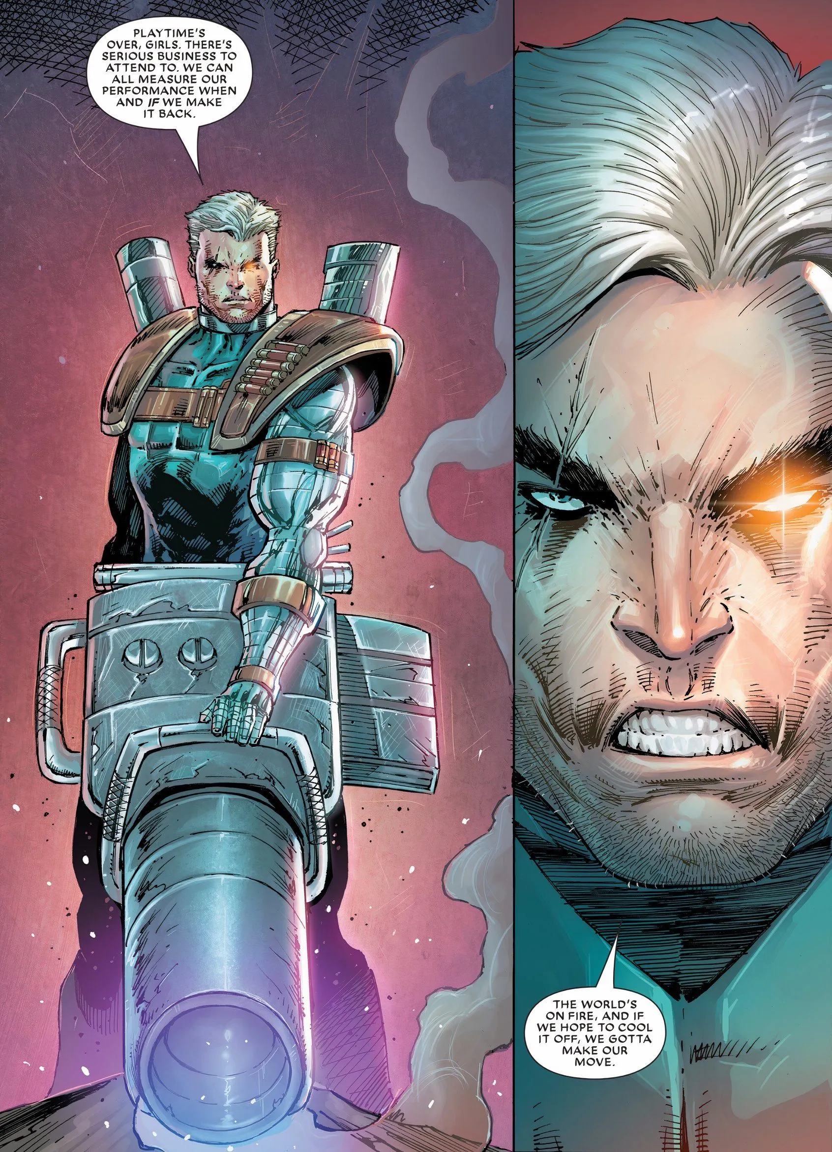 Cable tient un pistolet géant, dessiné dans le style exagéré de Rob Liefeld.