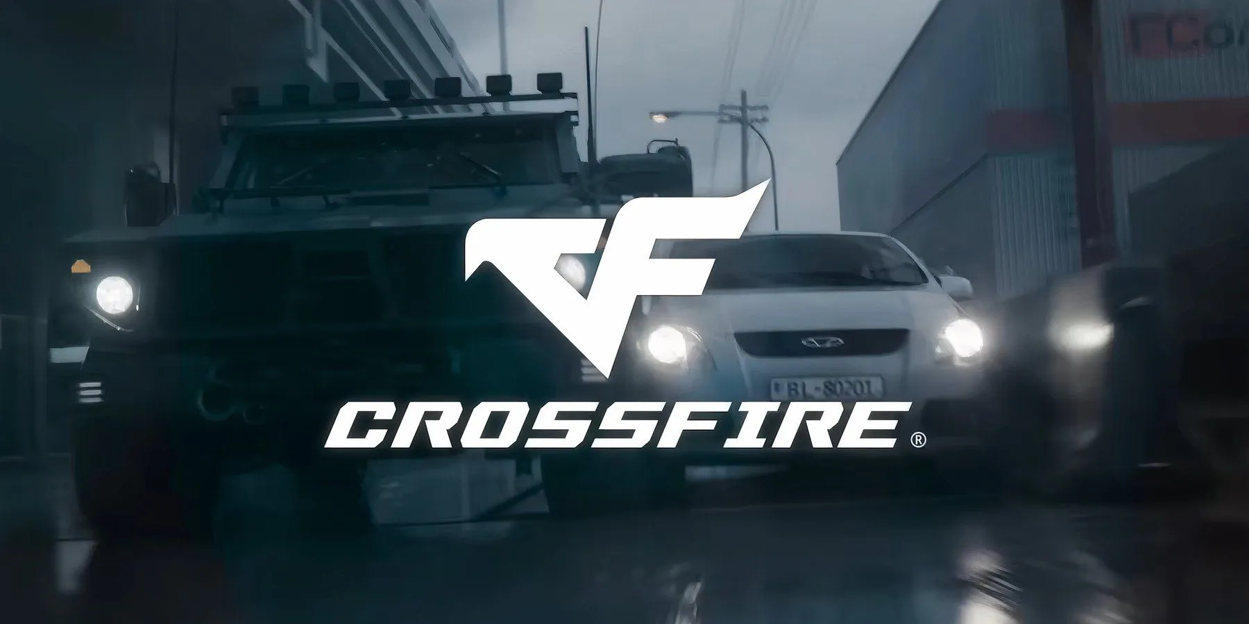 Des voitures roulant côte à côte avec le logo Crossfire devant elles depuis Secret Level