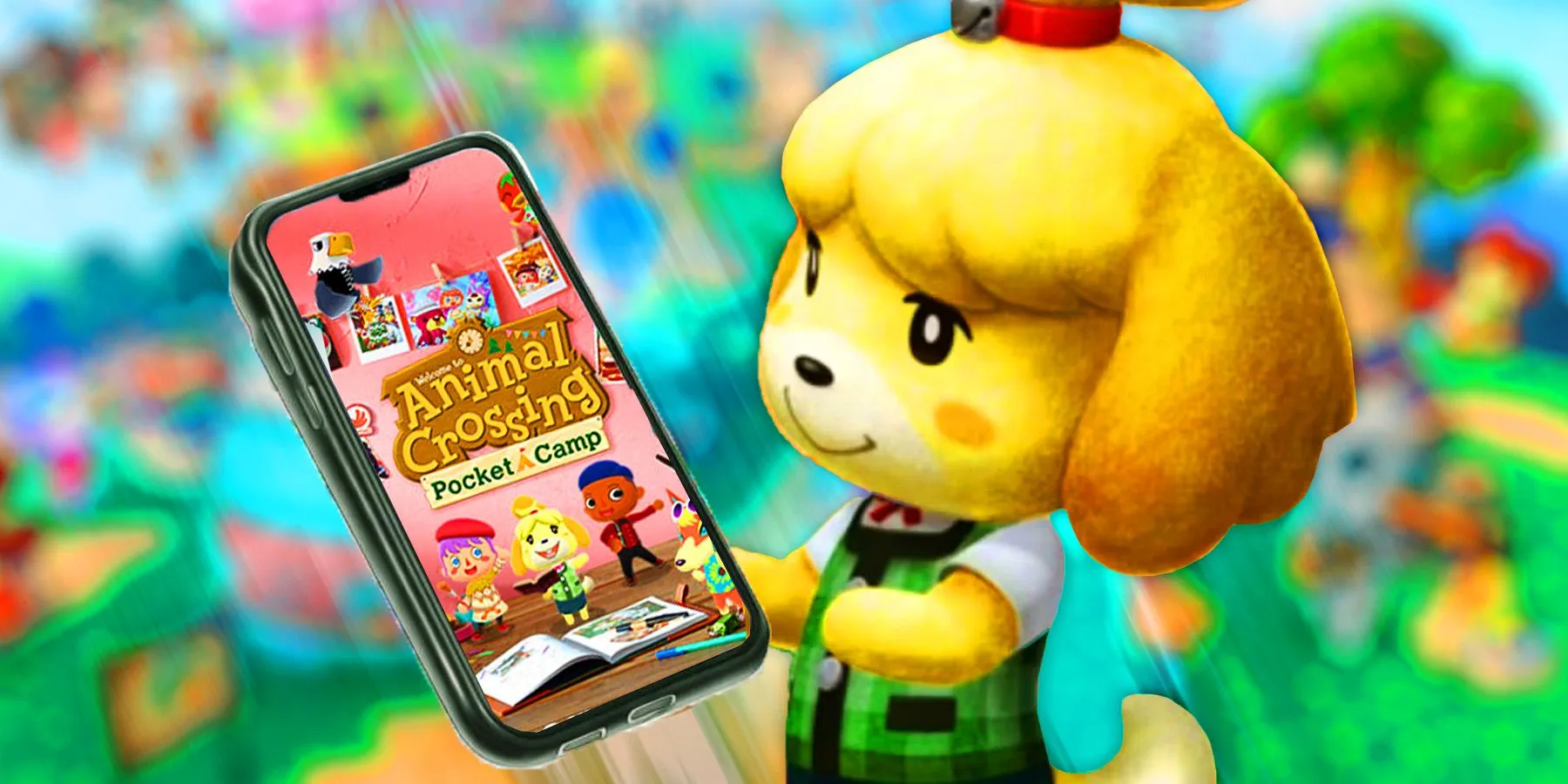 Isabelle di Animal Crossing tiene in mano un telefono cellulare su cui è raffigurato Animal Crossing Pocket Camp.