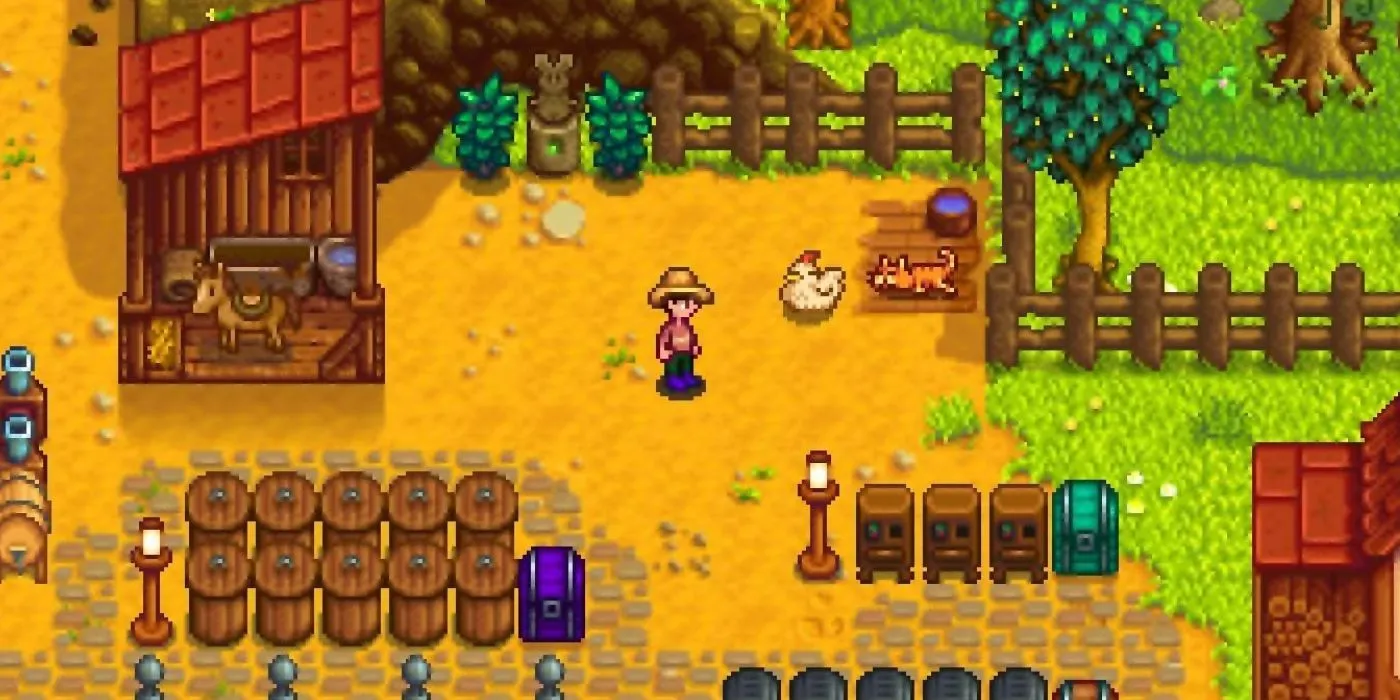 Un jugador interactúa con gallinas y un gato en Stardew Valley