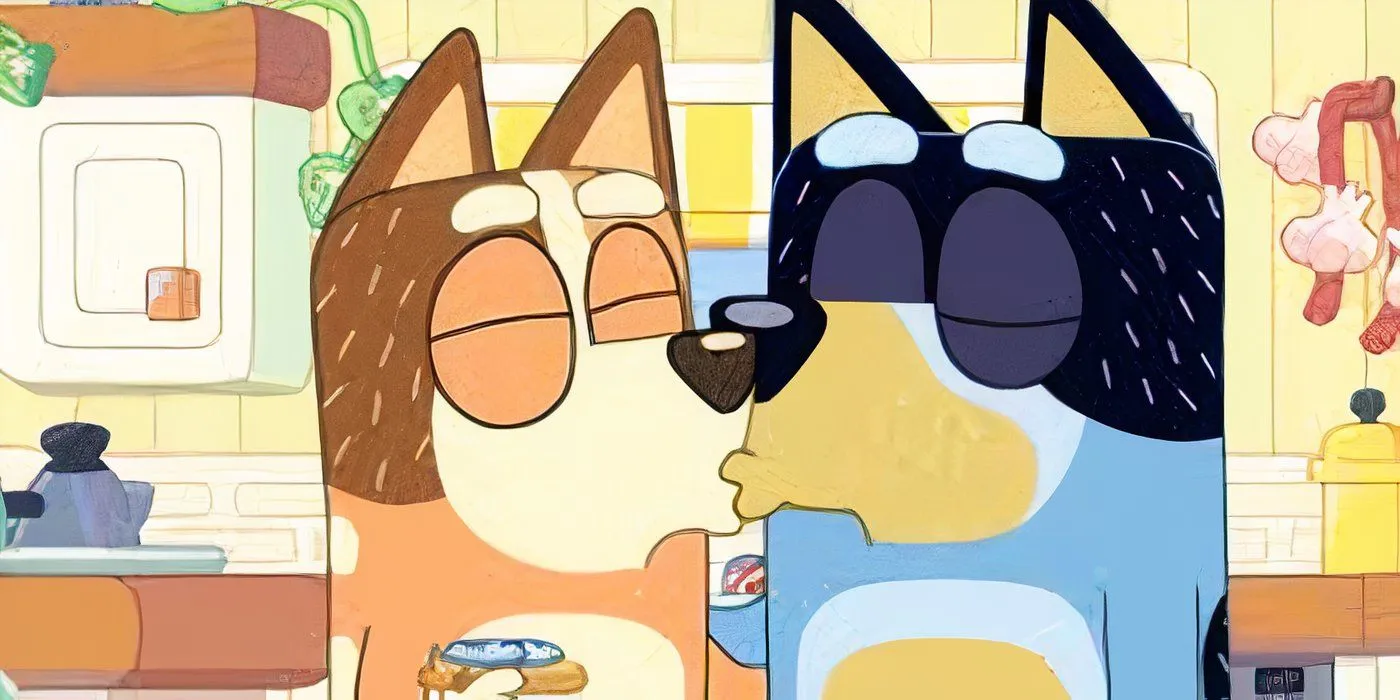 Chilli et Bandit s'embrassent dans l'épisode Bluey