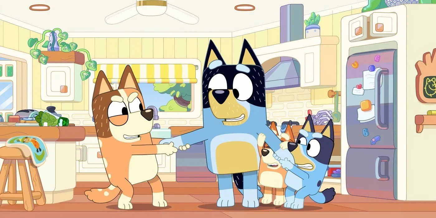 Chilli et les enfants tirent sur Bandit dans l'épisode Bluey