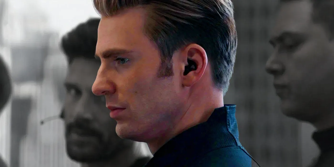 Chris Evans als Captain America in Farbe mit einem schwarz-weißen Avengers-Endgame-Hintergrund