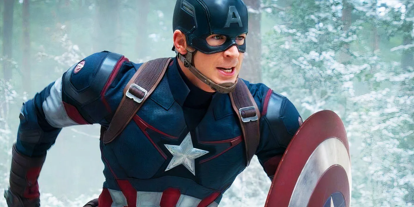 Chris Evans como el Capitán América corriendo por el bosque en Avengers Age of Ultron