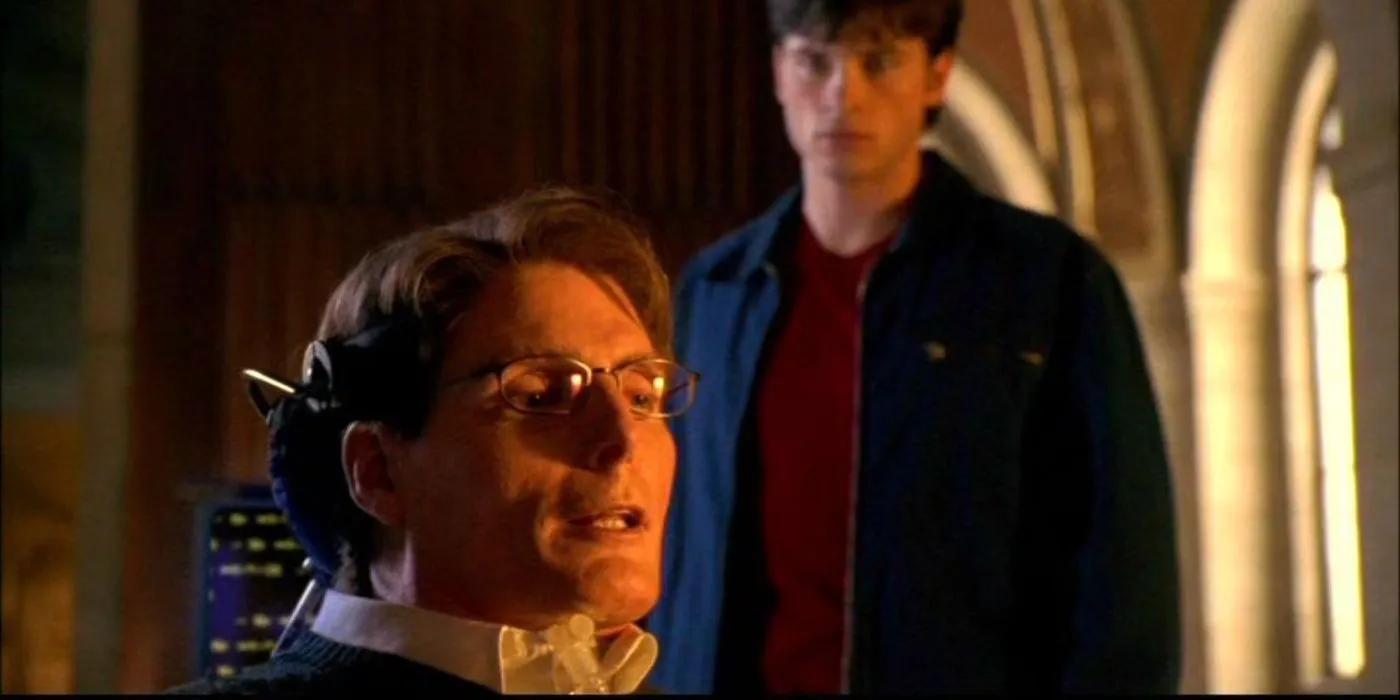 Christopher Reeve e Tom Welling nei panni di Virgil Swann e Clark Kent in Smallville