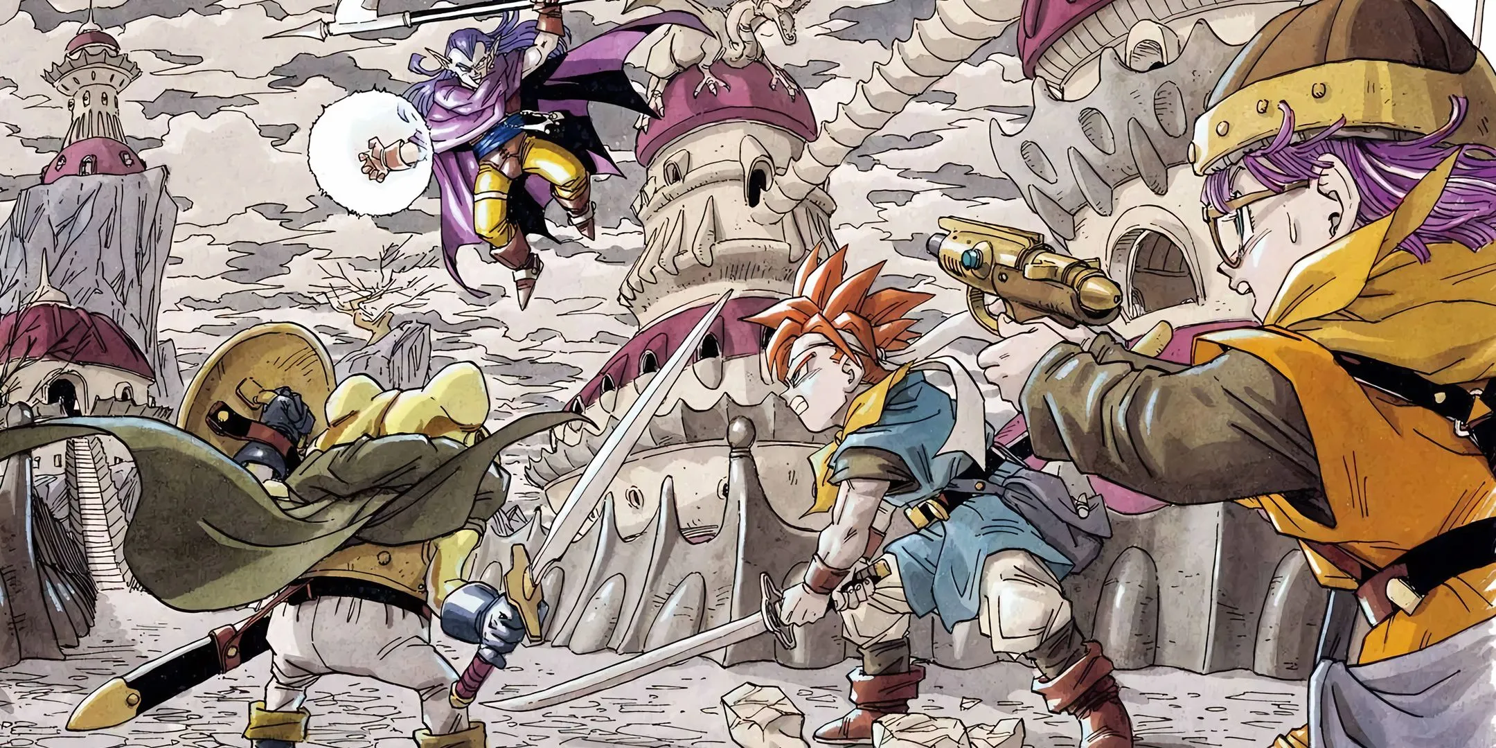 Grafika Chrono Trigger przedstawiająca obsadę przygotowującą się do walki na opustoszałej ulicy miasta.