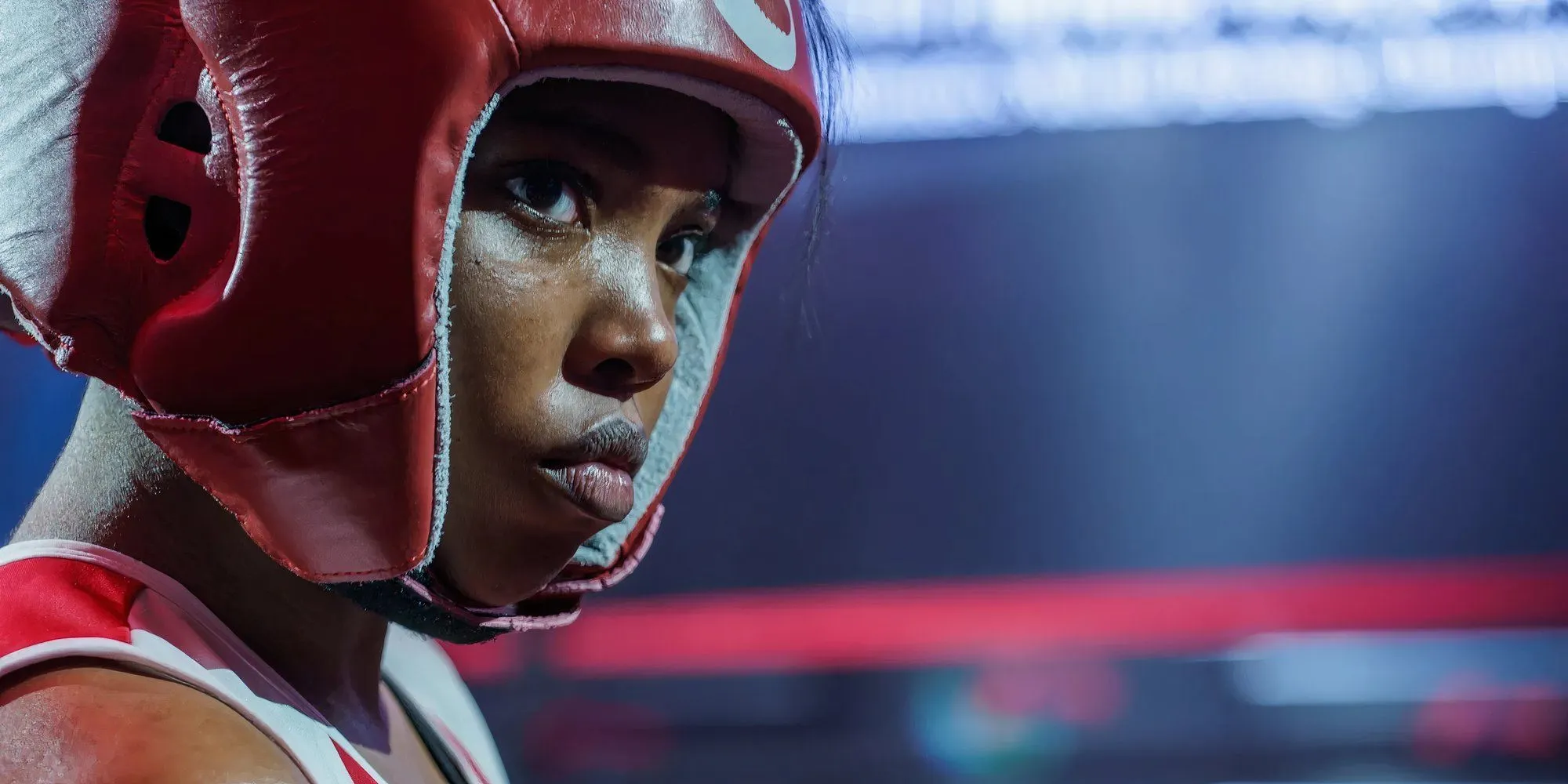 Claressa looks determined in boxing gear in a scene from The Fire Inside