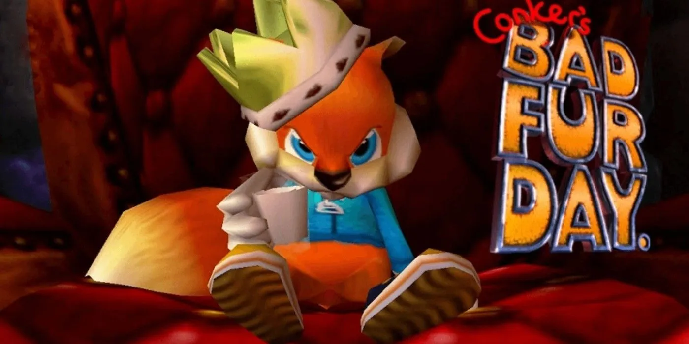 Conker marszczy brwi i nosi koronę, trzymając mleko, z filmu Conker's Bad Fur Day