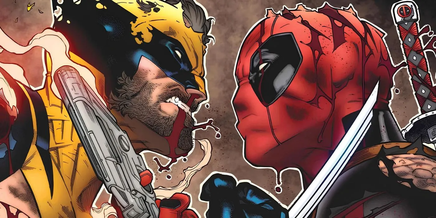 Comic-Kunst: Wolverine und Deadpool treten gegenüber und kämpfen mit ramponiertem Gesicht