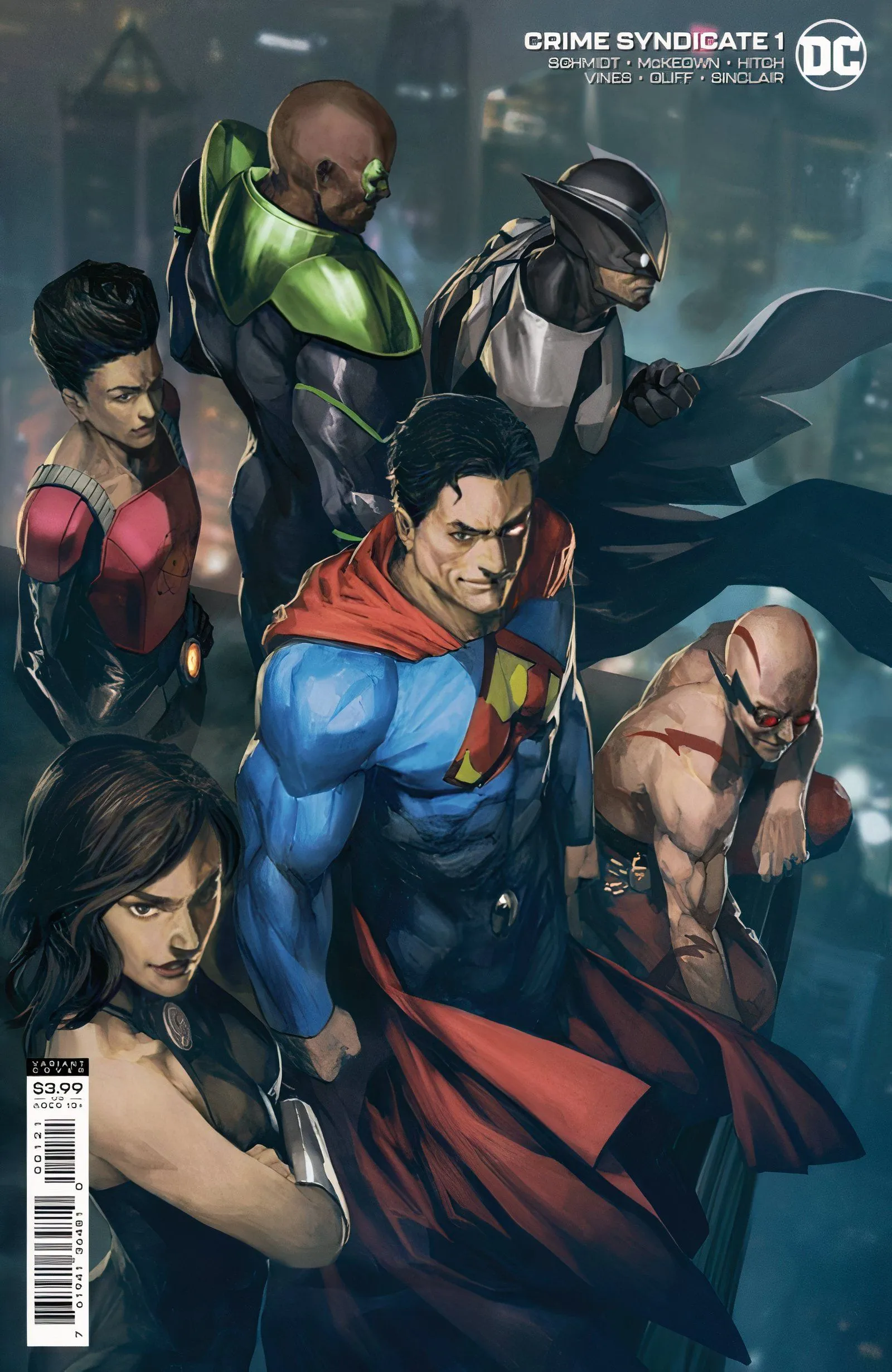 Copertina variante di Crime Syndicate #1 con Owlman, Ultraman e altri