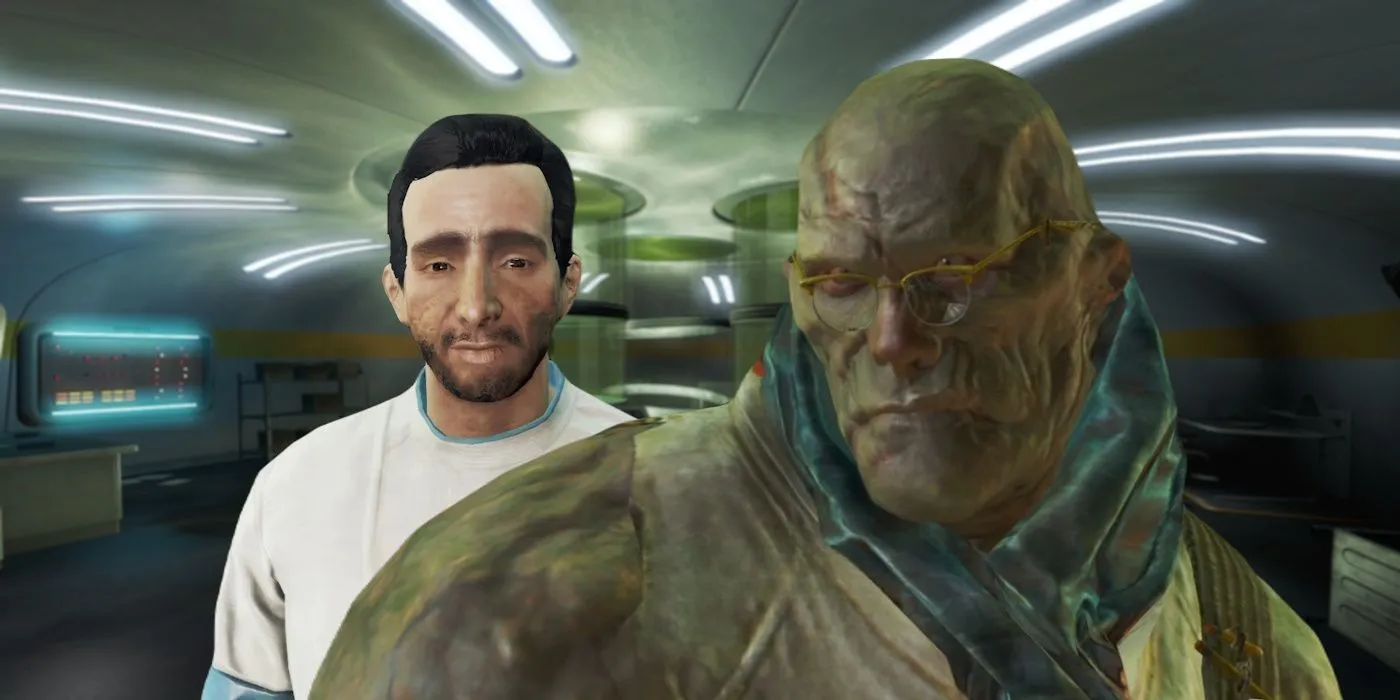 Versiones humana y supermutante de Virgil en Fallout 4 con el laboratorio al fondo.