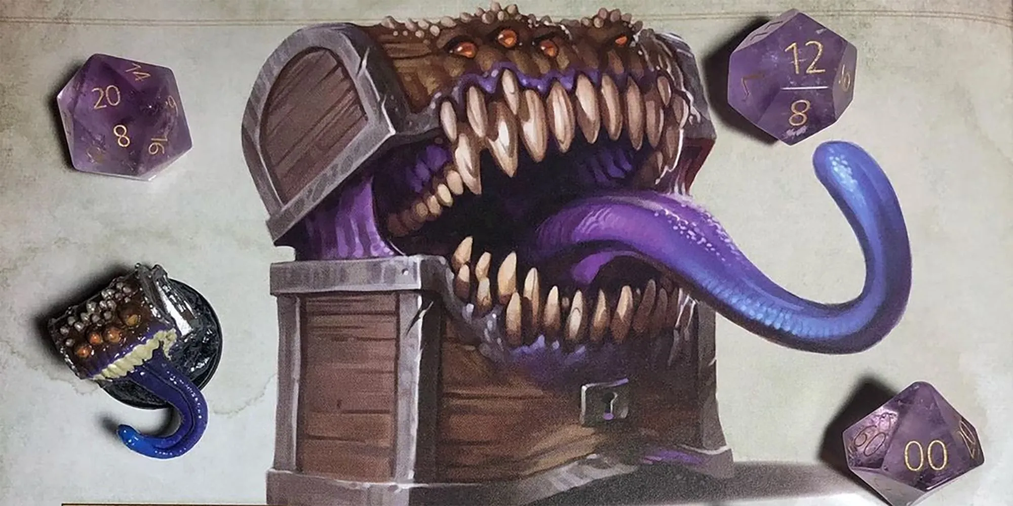 Uma ilustração de um imitador de D&D, cercado por dados roxos e uma miniatura de imitador.