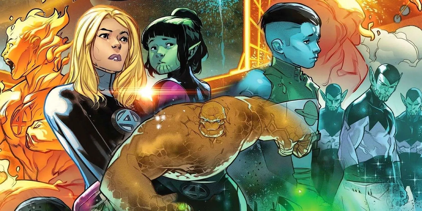 Empire: Fantastic Four-Variantenkunst mit The Thing, seinen Kindern Johnny und Sue und Skrullen