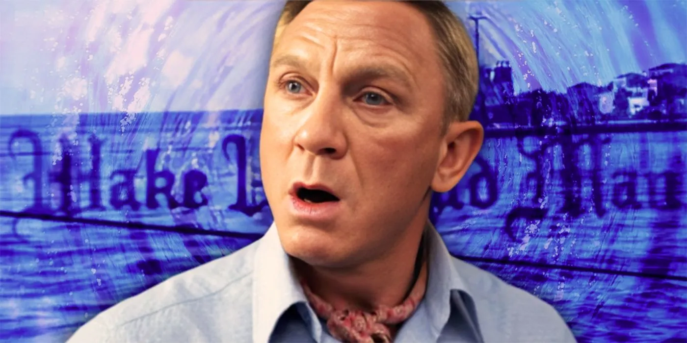 Daniel Craig dans le rôle de Benoit Blanc devant le logo de Wake Up Dead Man