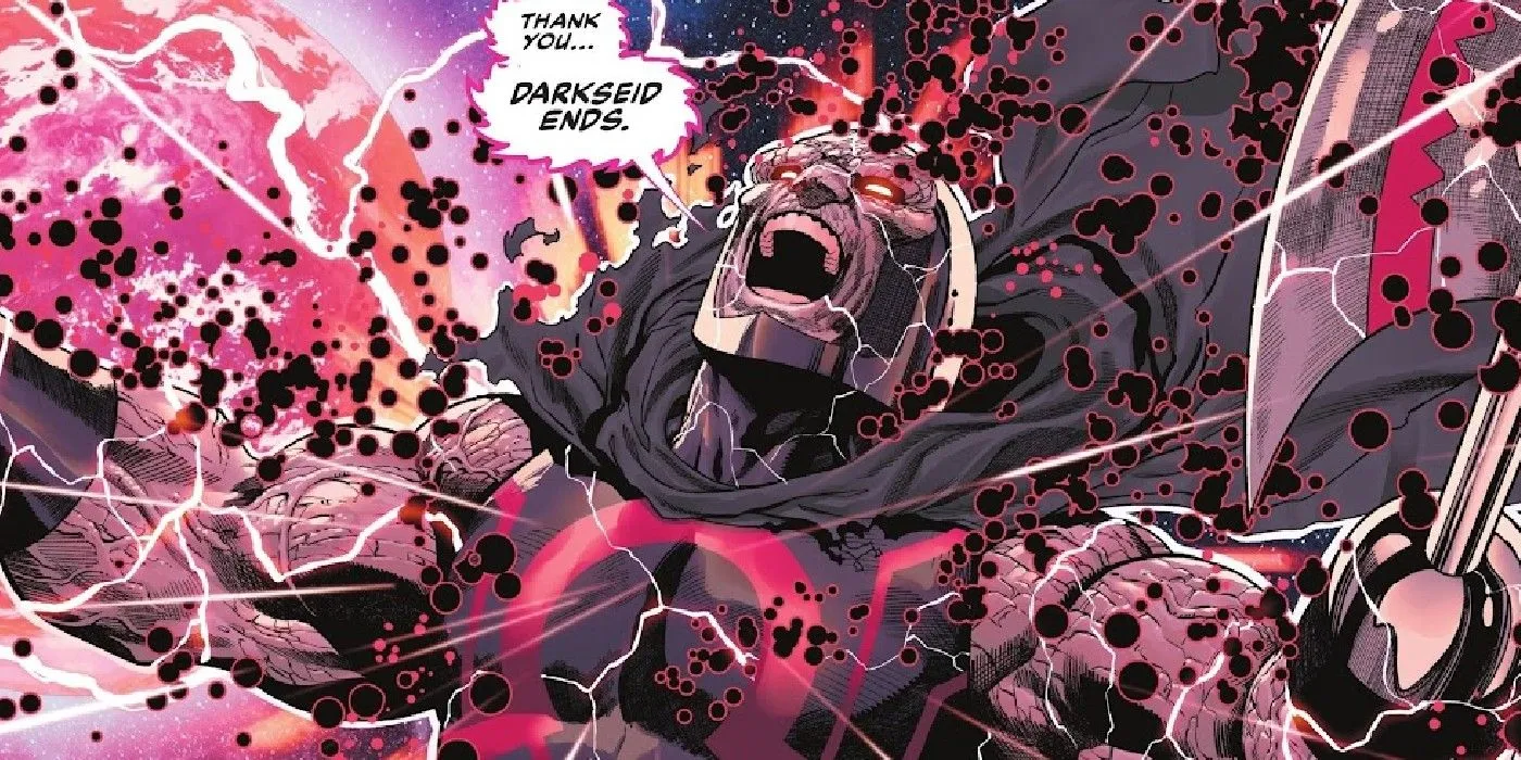 Panel komiksowy: Darkseid ginie w wyniku eksplozji.