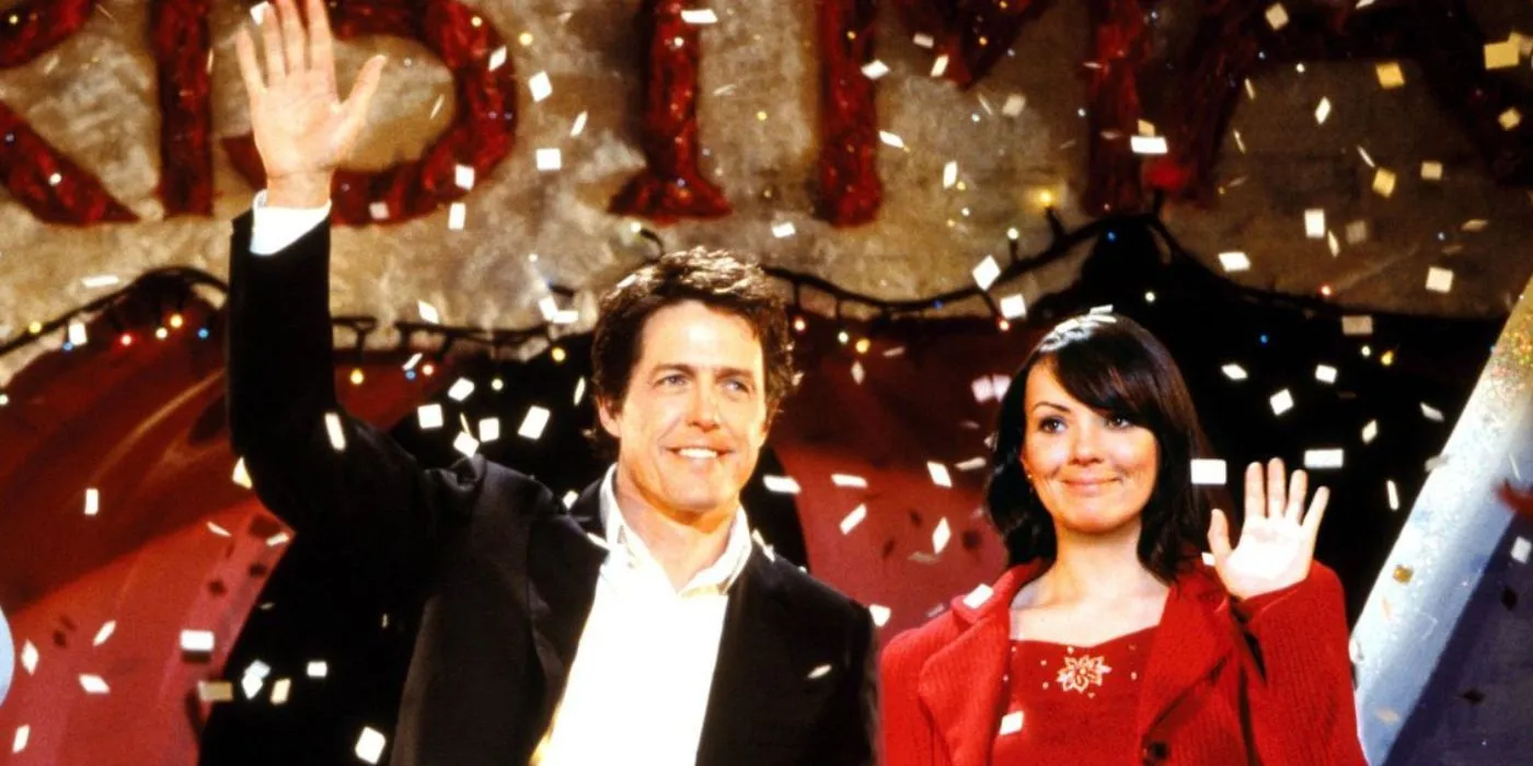 Hugh Grant and Martine McCutcheon as David and Natalie wave on stage in Love Actually