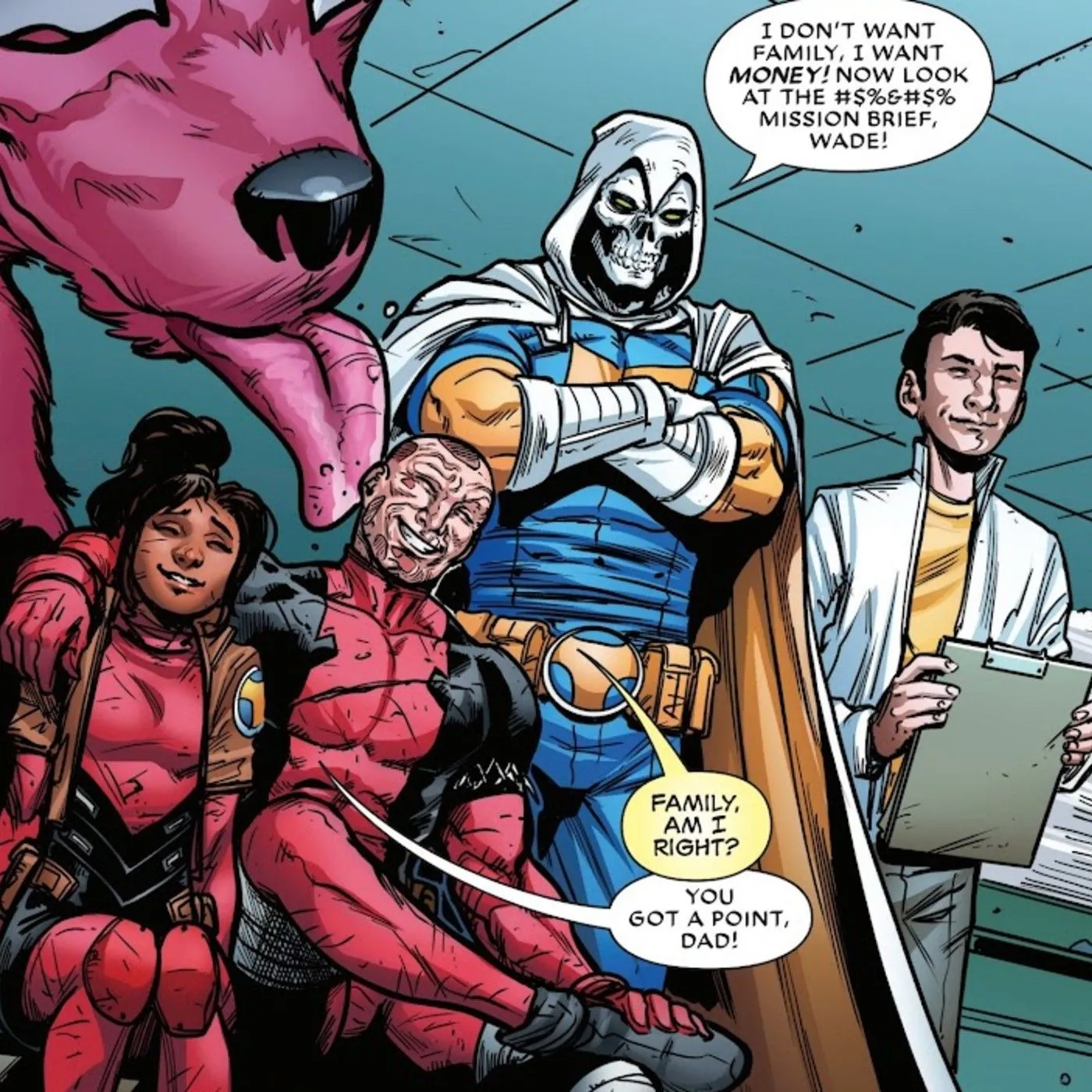 Deadpool e il suo team, tra cui Taskmaster, Doug, Princess, Ellie Camacho e Wade Wilson da Deadpool #9