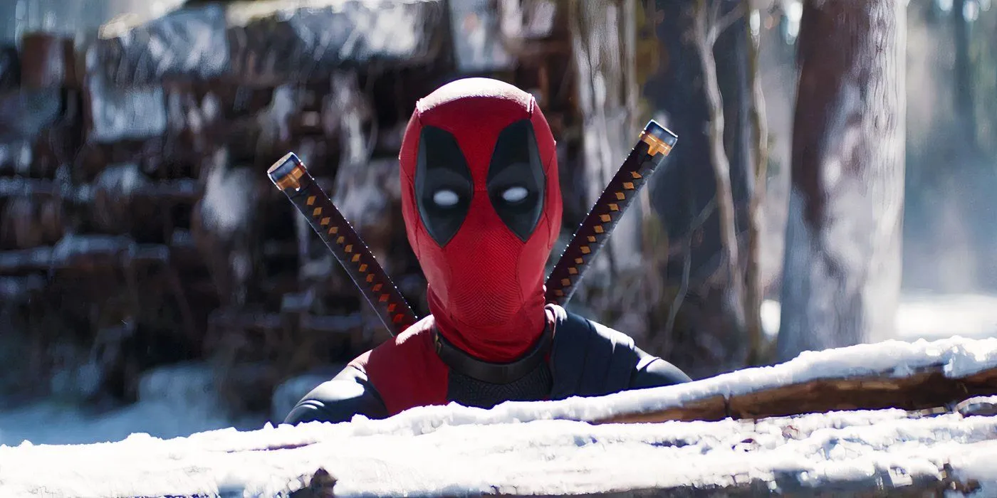 Deadpool behind a log in Deadpool & Wolverine