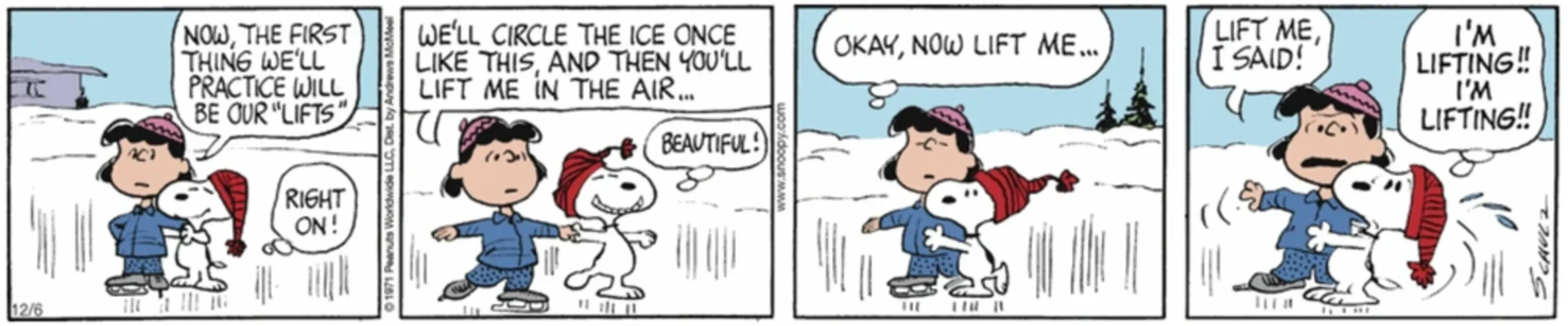 Peanuts-Streifen: Snoopy versucht, Lucy aufs Eis hochzuheben.