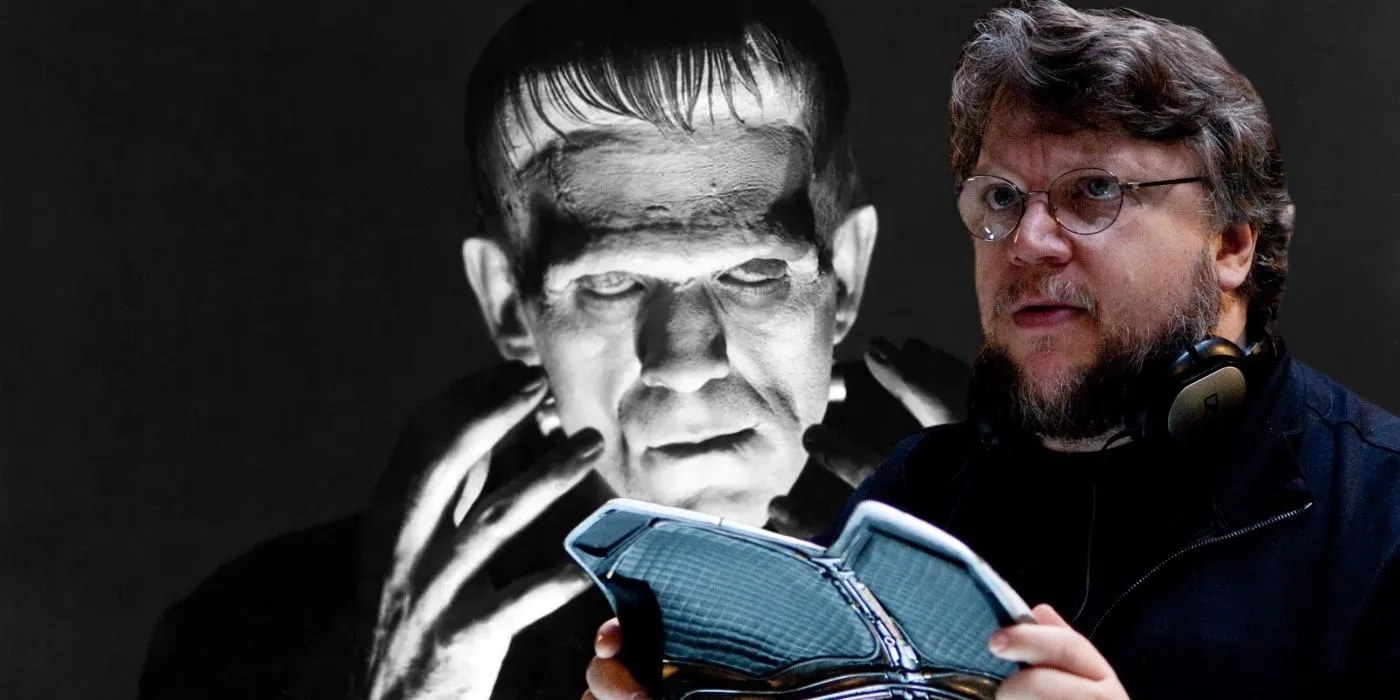 Złożony obraz Guillermo del Toro i Borisa Karloffa jako potwora Frankensteina z filmu Frankenstein z 1931 r.