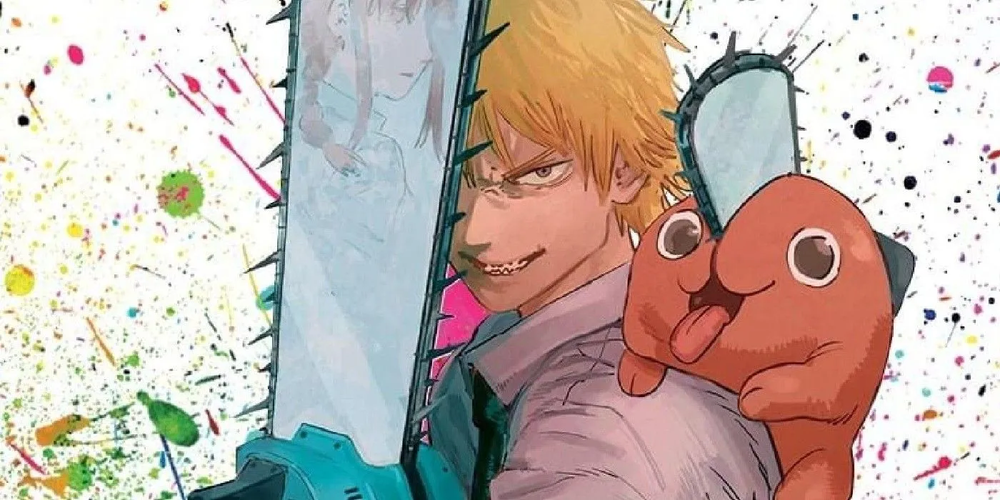 Denji und Pochita aus Chainsaw Man Band 1 lächeln, während Denji eine Kettensäge schwingt