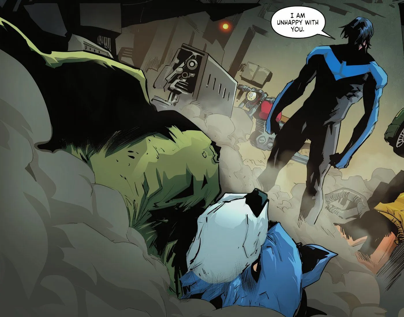 Panel komiksowy: Dick Grayson jest niezadowolony z gangu Teddies w Nightwing #121