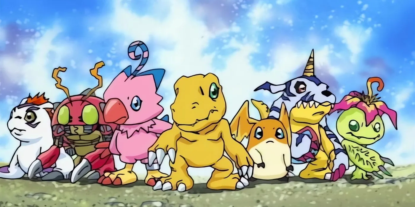 Potwory-towarzysze gry Digimon Adventure stoją obok siebie w motywie przewodnim.