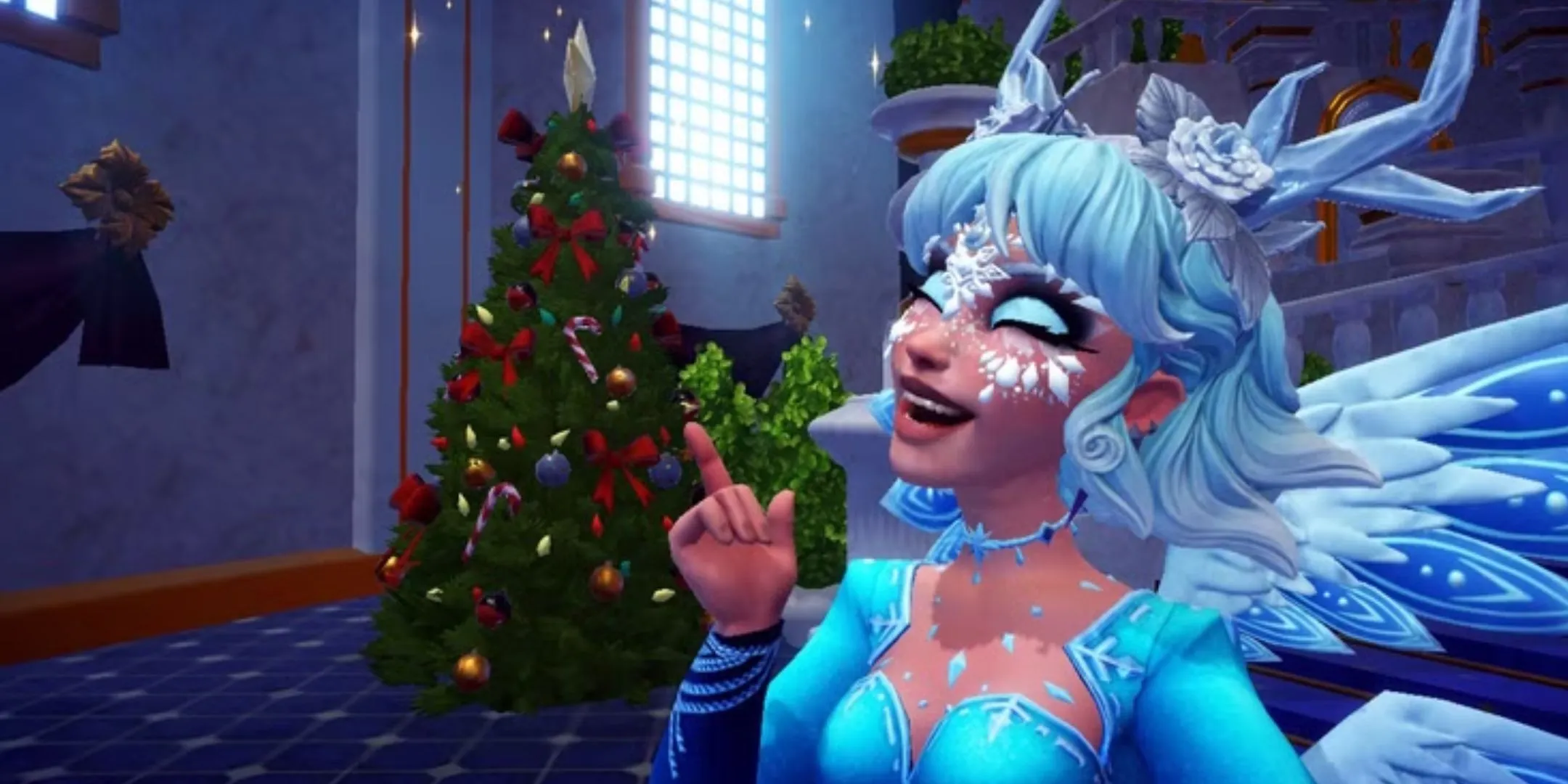 Personagem do jogador apontando para uma árvore de Natal no Disney Dreamlight Valley