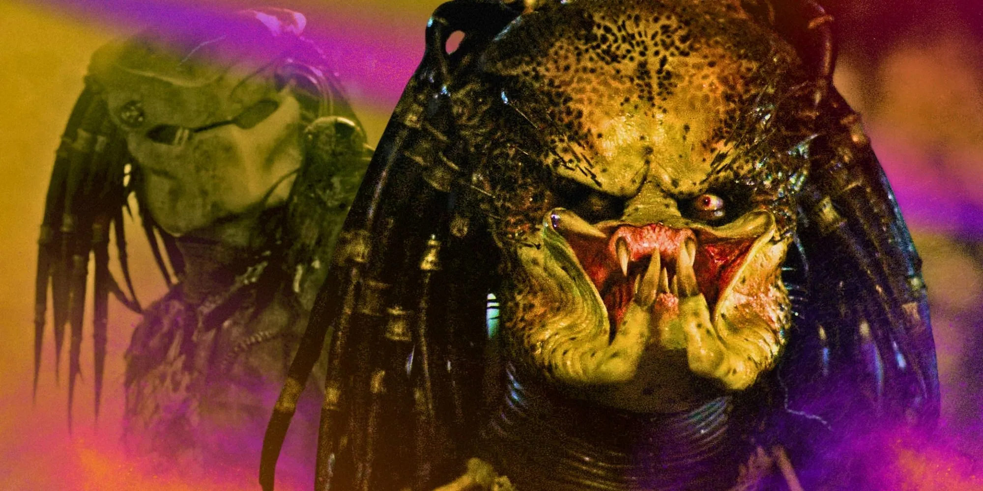 Collage image of The Predator with and without his helmet from Predator (1987)