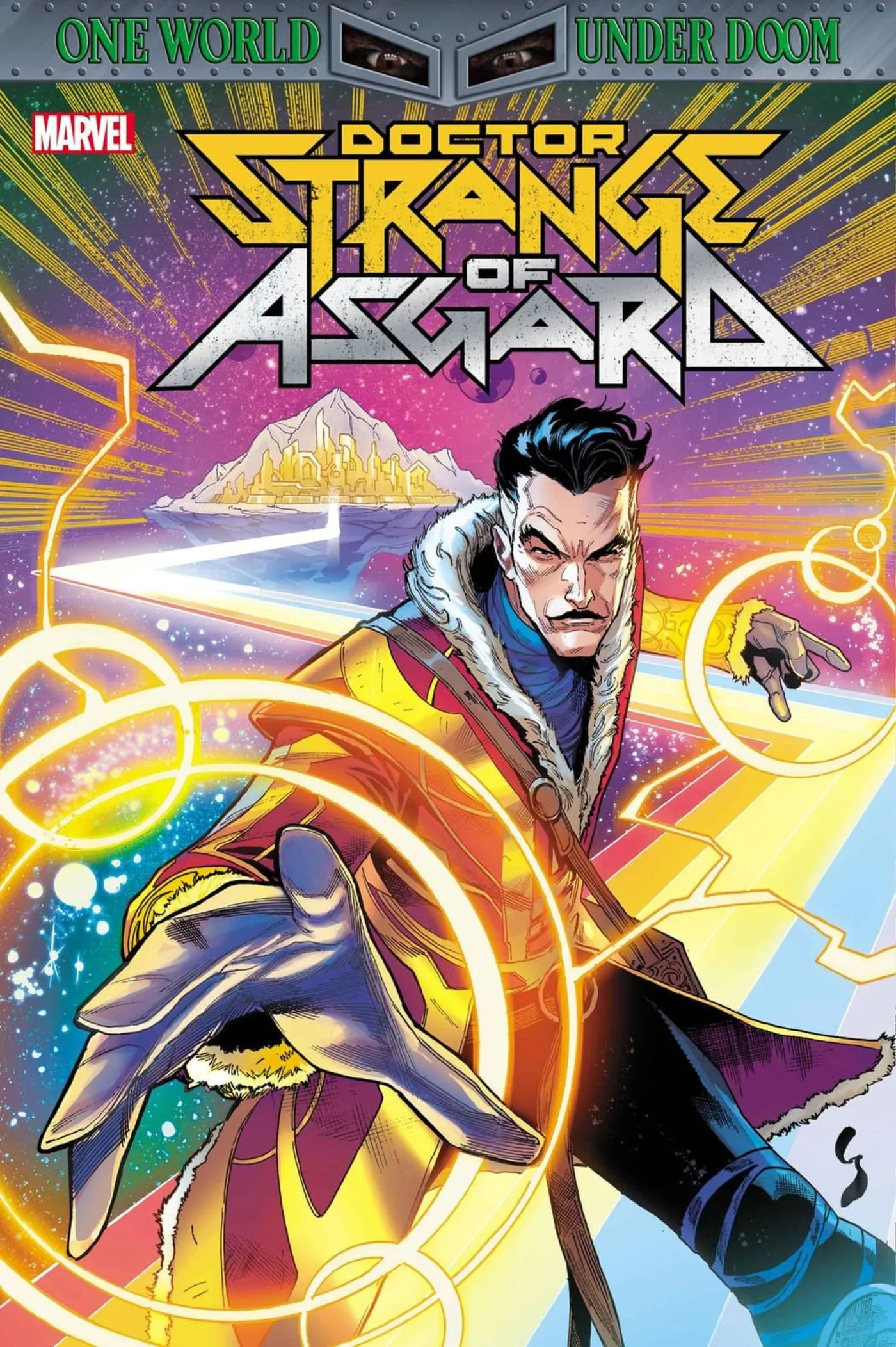 Copertina di Doctor Strange of Asgard raffigurante Doctor Strange sul BiFrost, che lancia un incantesimo