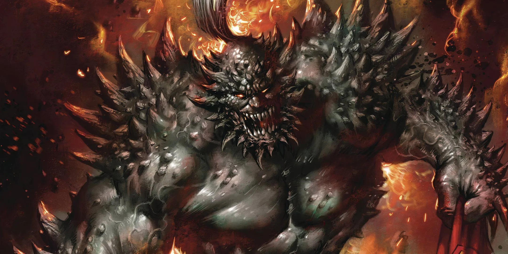 Arte de cómic: Doomsday se abre paso a golpes para salir del infierno.