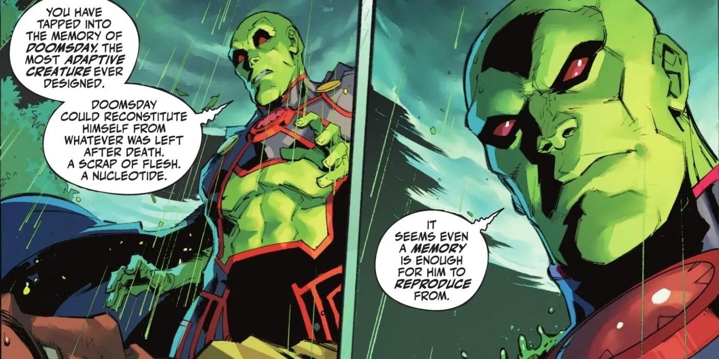 Paneles de cómics: Martian Manhunter analiza el factor curativo de Doomsday.