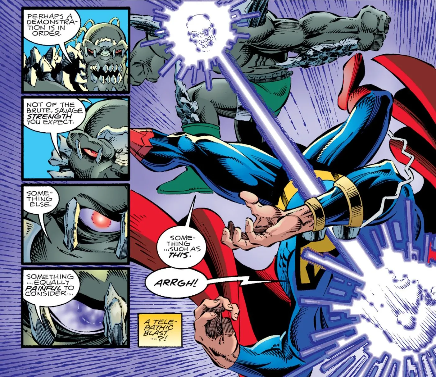 Paneles de cómics: Doomsday desata un ataque telepático contra Superman