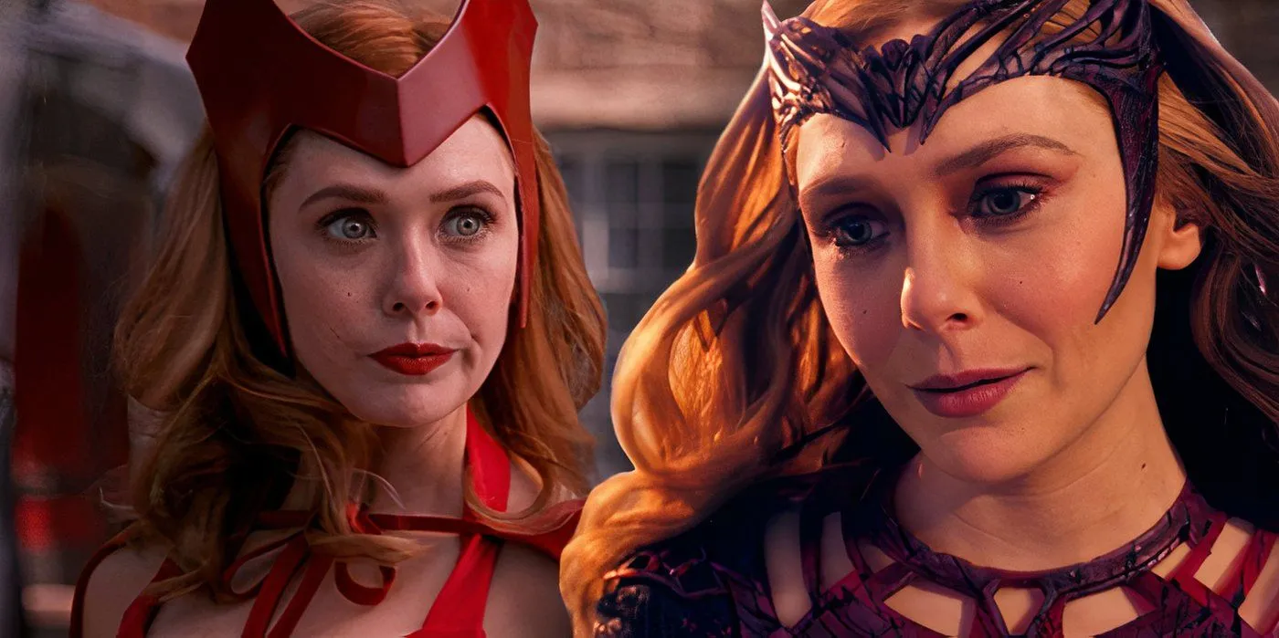 Wanda Maximoff, interprétée par Elizabeth Olsen, dans son costume d'Halloween dans WandaVision (2021) à gauche, Scarlet Witch, l'air satisfait dans Doctor Strange in the Multiverse of Madness (2022) à droite