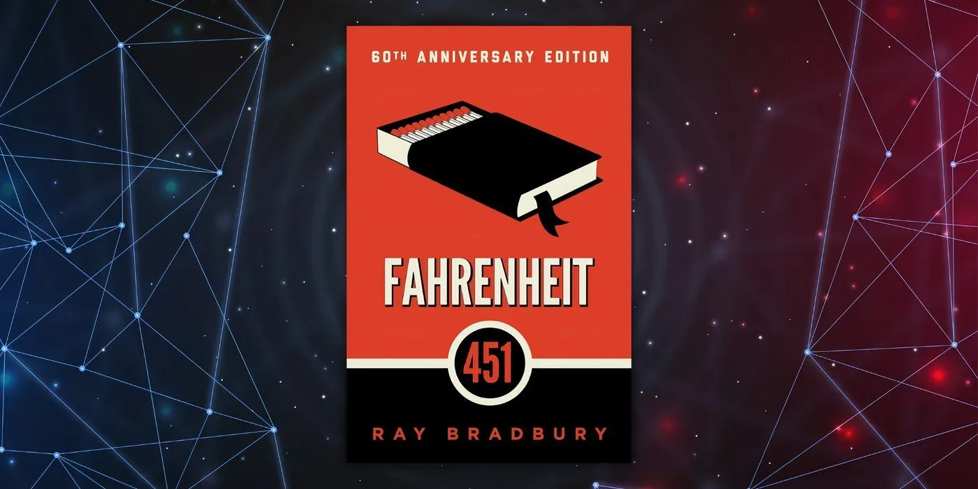 Okładka książki Fahrenheit 451 autorstwa Raya Bradbury'ego na futurystycznym tle