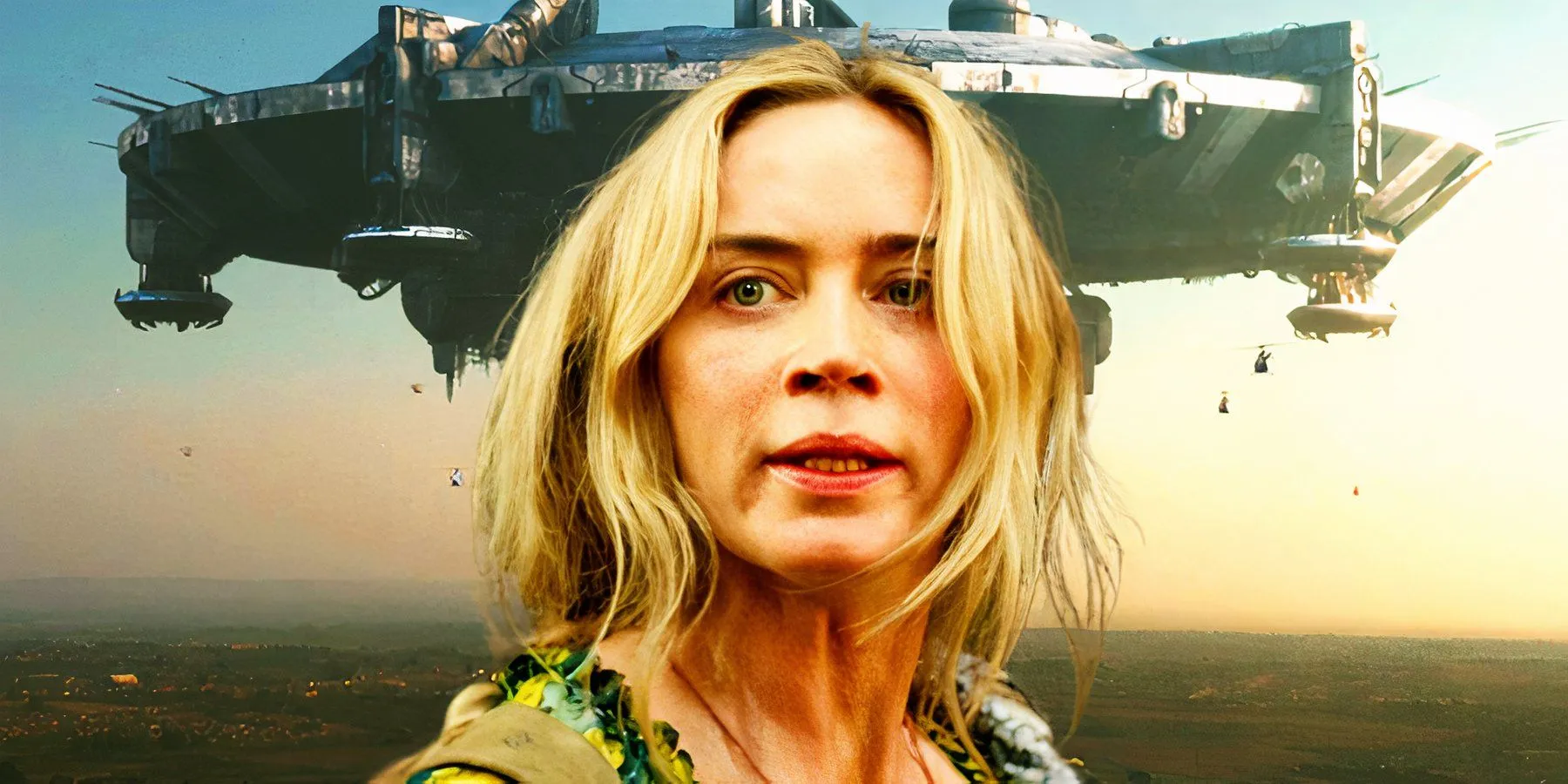 Emily Blunt dans A Quiet Place Part II juxtaposée au vaisseau extraterrestre du District 9